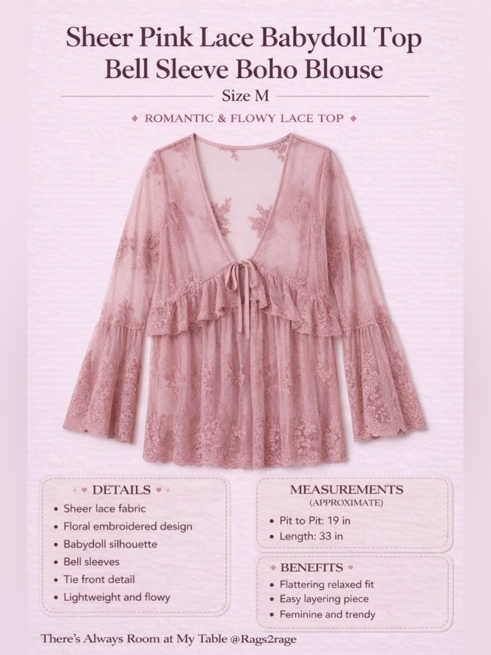 Sheer Pink Lace Babydoll Top Bell Sleeve Boho Blouse Medium - Picture 4 of 8